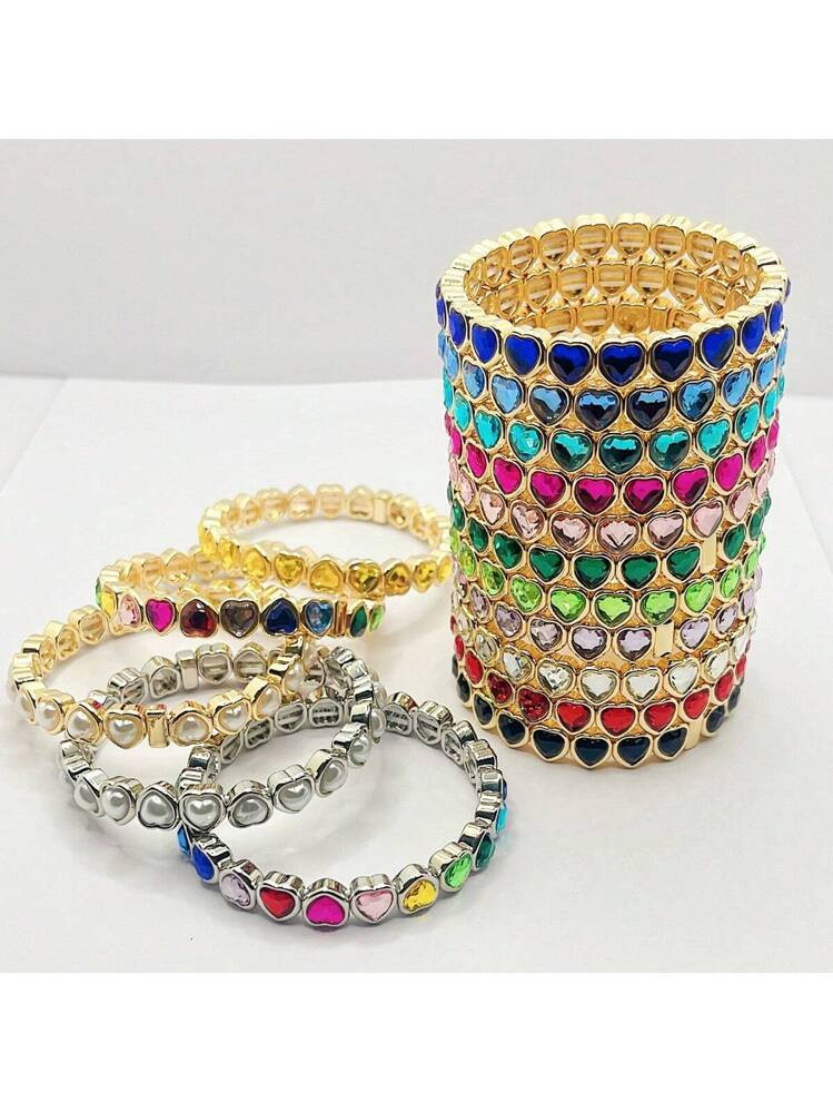 Fashionable Cross-Border Heart-Shaped Elastic Bracelet For Women, Color Bangle, Valentine's Day G... | SHEIN