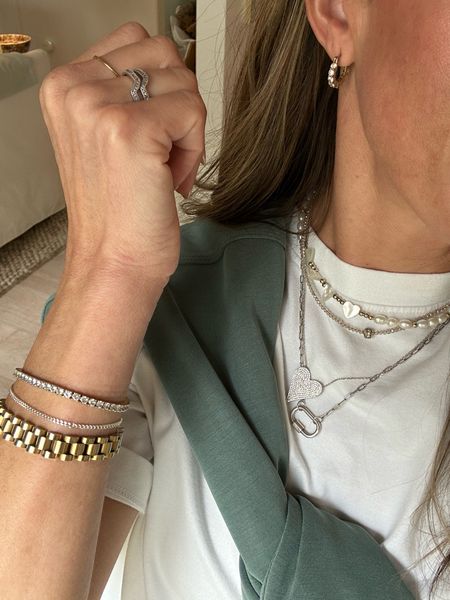 Linking all of the jewelry I can link here! Others that aren’t linkable were tagged in stories. Amazon jewelry 
Jewelry, necklace stack 
Pave jewelry 
Bracelet 
Link bracelet 
Pave cuff earrings 

#LTKfindsunder50 #LTKstyletip #LTKfindsunder100