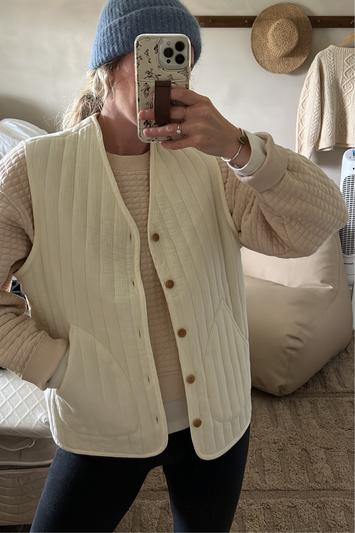 This vest is technically a men’s, but that never stopped me 🤠 it’s so perfect and airy for spring/summer. I’m in a small! 

Also linking my beanie & phone case! 