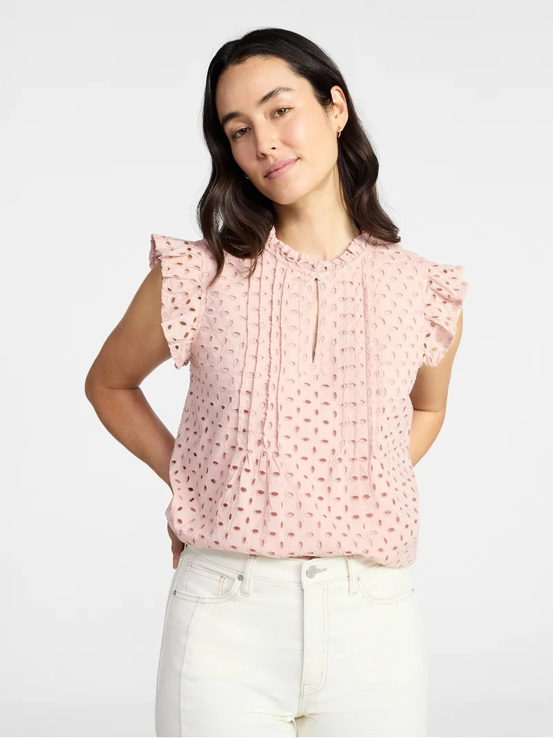 Time and Tru Women's Cotton Eyelet Top with Short Flutter Sleeves, Sizes XS-XXXL | Walmart (US)