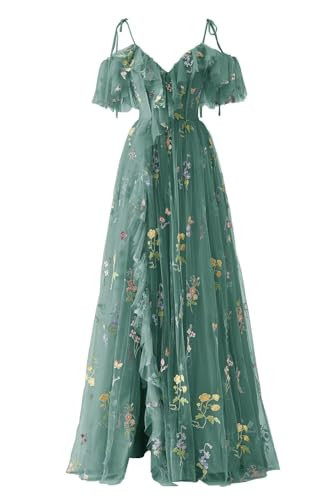 Maxianever Flower Embroidery Prom Dresses Peacock Women's Long A Line Formal Tulle Evening Party Ball Gowns Puffy Sleeves US2 | Amazon (US)