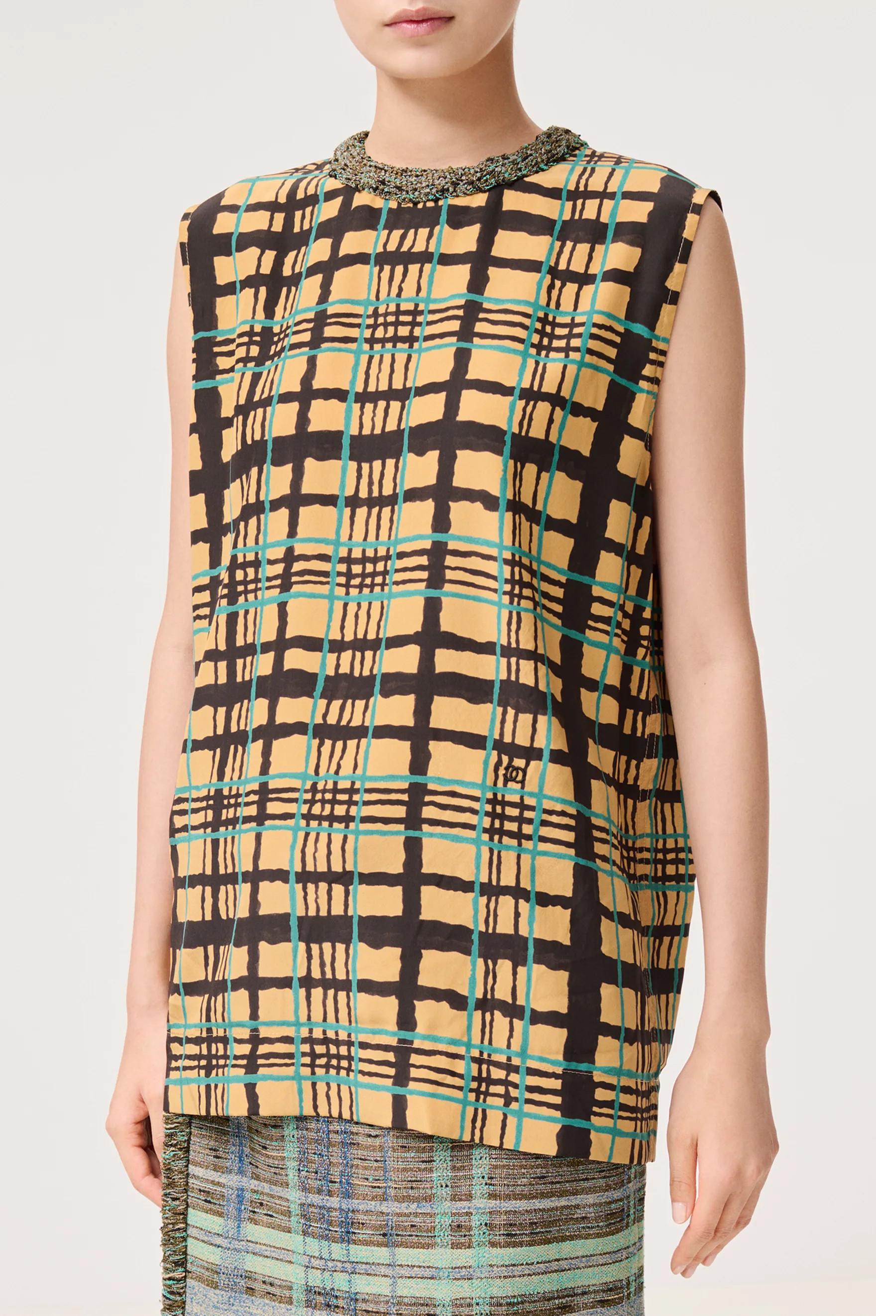 Spring Summer 2026 Top Printed Silk Beige, Black & Blue TurquoiseImagined as a conversation wi... | Chanel, Inc. (US)