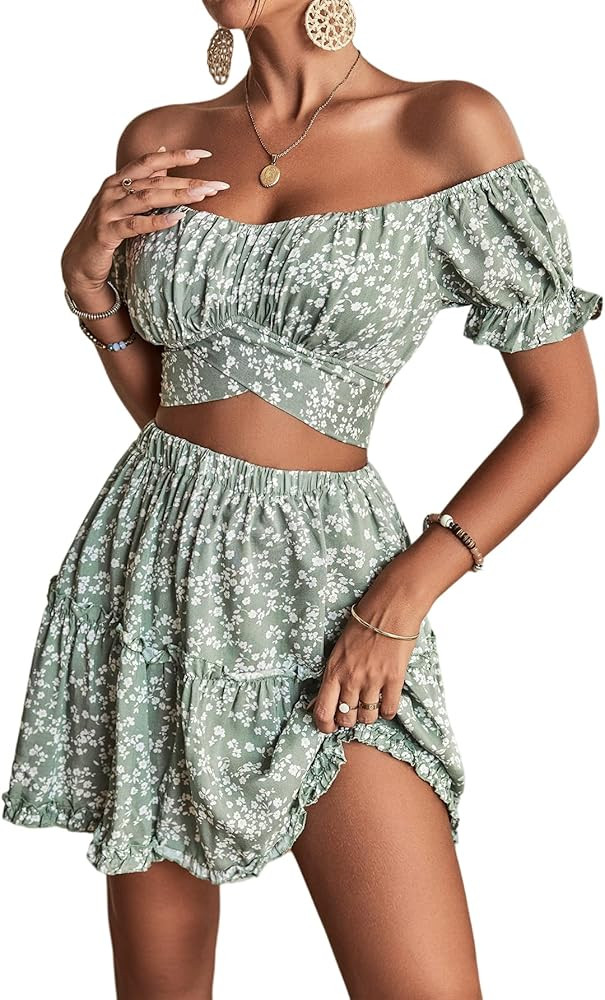 LYANER Women's 2 Piece Outfits Floral Off Shoulder Tie Up Crop Top and Mini Skirt Set | Amazon (US)