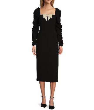 Antonio Melani Elena Crepe Square Neck Long Ruched Sleeve Pearl Bow Midi Dress | Dillard's | Dillard's
