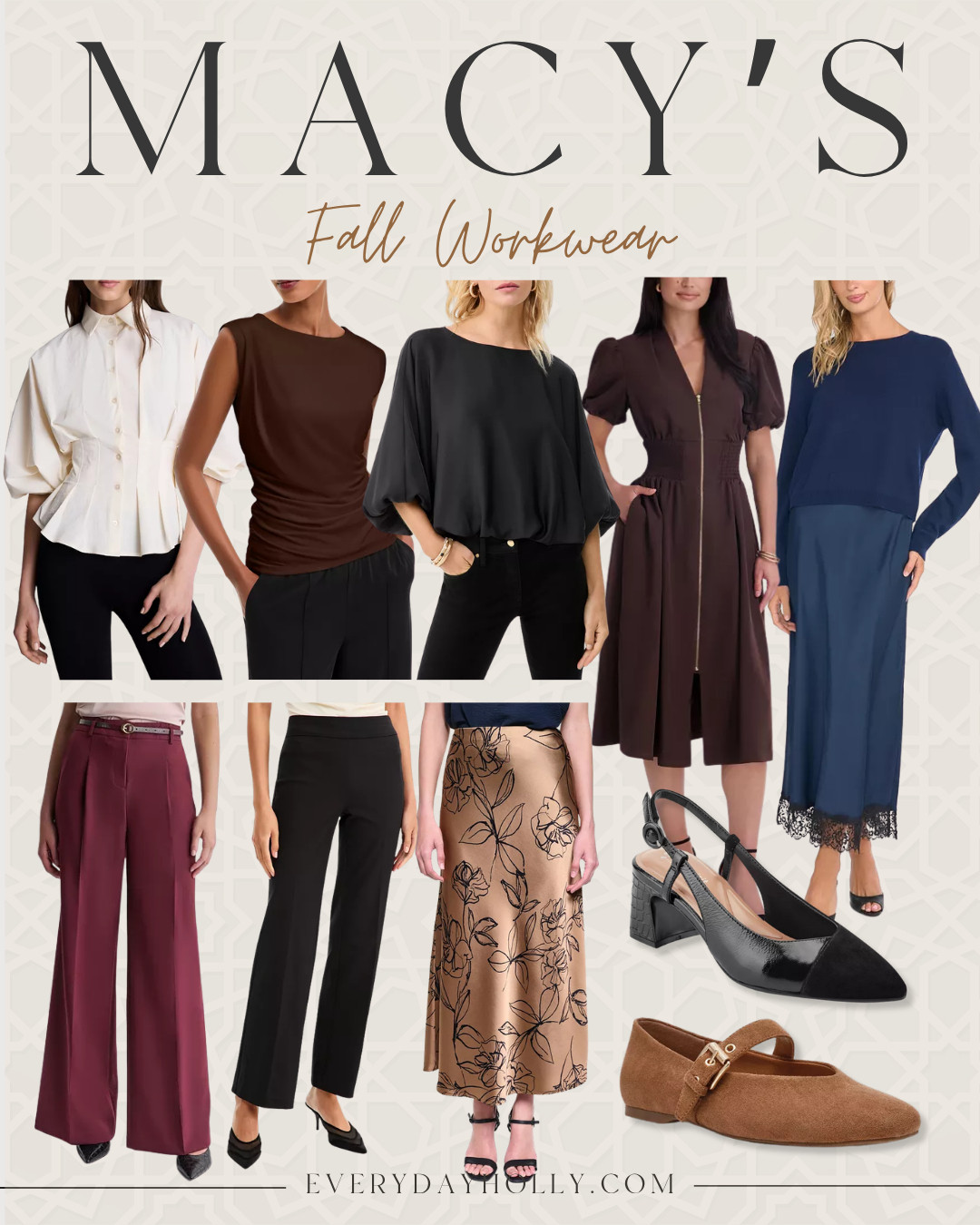 Fall workwear pieces that make getting dressed for the office so much easier 🤎 From rich burgundy trousers and chocolate tones to classic blouses, polished tops, and versatile dresses, these are pieces you can mix and match all season.

fall workwear, office outfits, business casual outfits, fall fashion, workwear essentials, women’s work outfits, fall tops, wide leg pants, burgundy pants, black trousers, fall wardrobe, EverydayHolly 

 #LTKootd #LTKPetite #LTKWorkwear