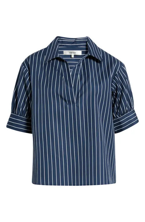 FRAME The Stripe Cotton Popover Top in Navy Multi Stripe at Nordstrom, Size X-Large | Nordstrom