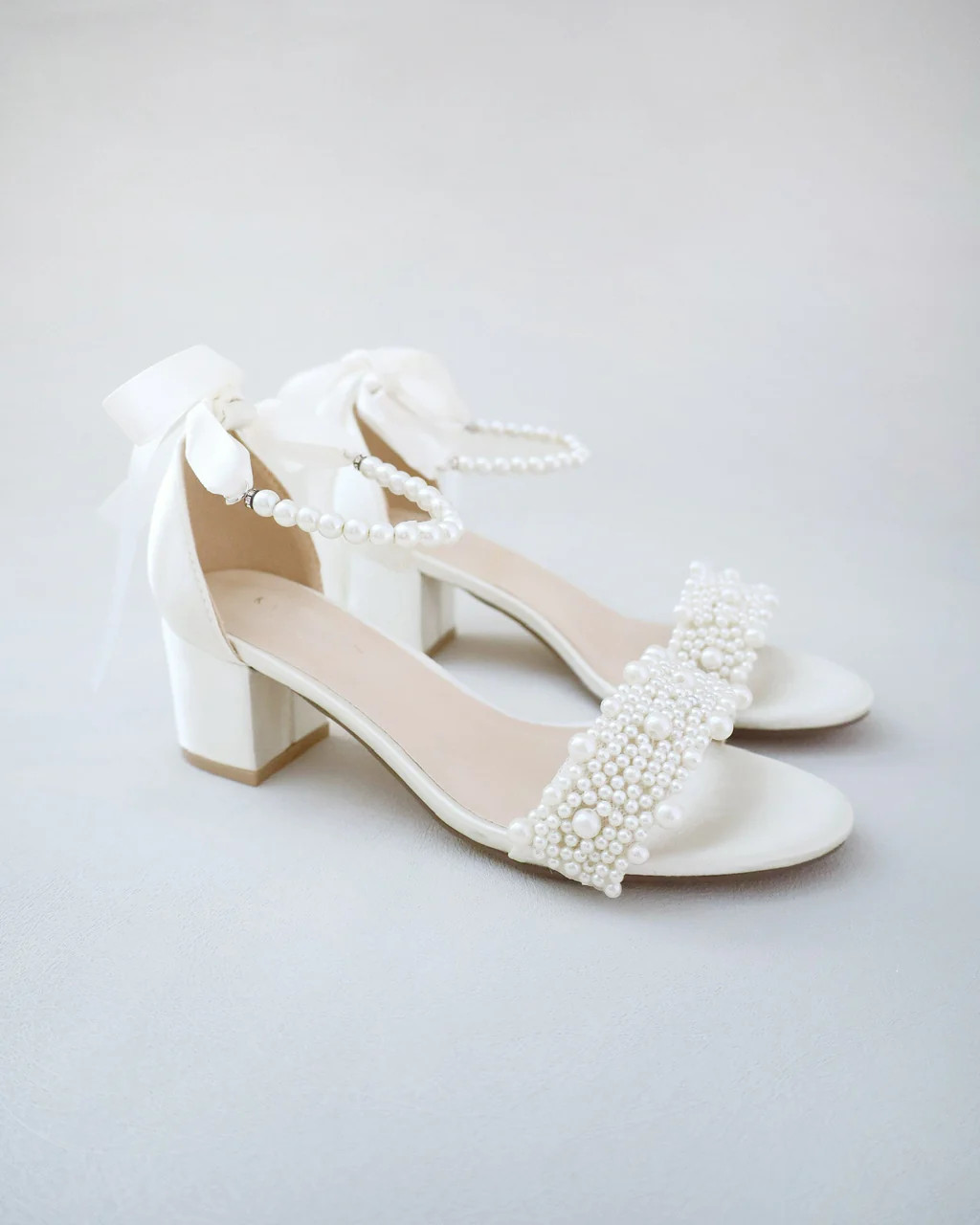 Satin Block Heel Wedding Sandals with Perla Applique and All Pearls Strap | Kailee P.