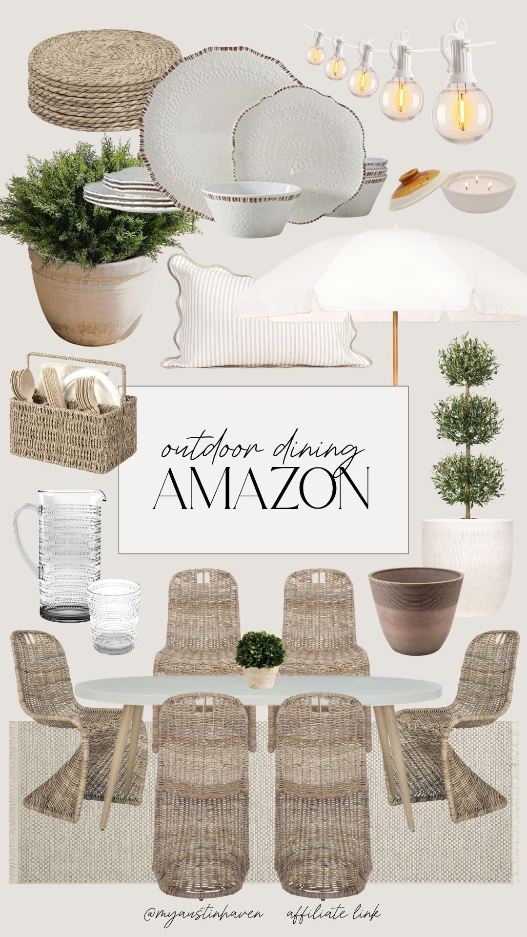 Outdoor dining, but make it elevated! Woven textures, soft neutrals and effortless hosting pieces.  🌿✨

outdoor dining setup, patio decor ideas, amazon outdoor furniture, wicker dining chairs, neutral outdoor decor, outdoor entertaining essentials, patio table styling, spring hosting ideas, al fresco dining aesthetic, coastal outdoor decor, backyard dining setup, outdoor string lights, outdoor table decor, neutral patio inspiration, amazon patio finds 

 

#LTKSeasonal #LTKfoodie #LTKHome