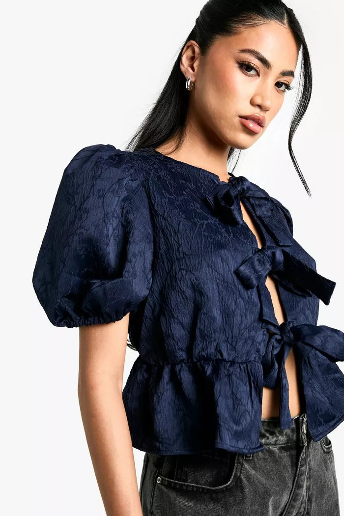 Textured Jacquard Tie Front Puff Sleeve Smock Top | boohoo (US & Canada)