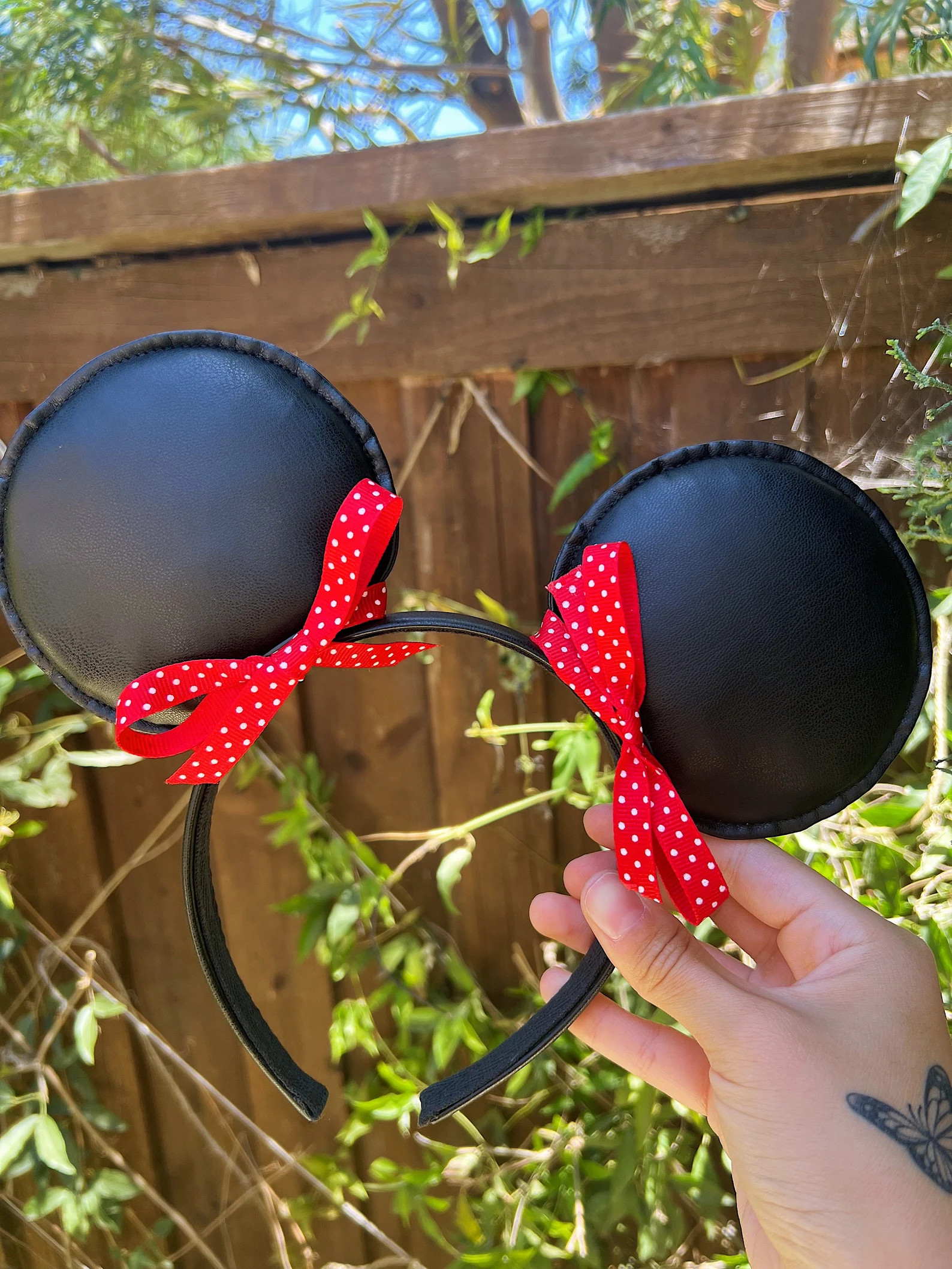 Black Faux Leather Mouse Ears *with Red Bows* - Etsy | Etsy (US)