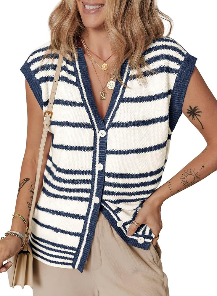 Dokotoo Sweater Vest Women Striped V Neck Button Vest for Women Vest Top Spring Cardigan Sweaters... | Amazon (US)
