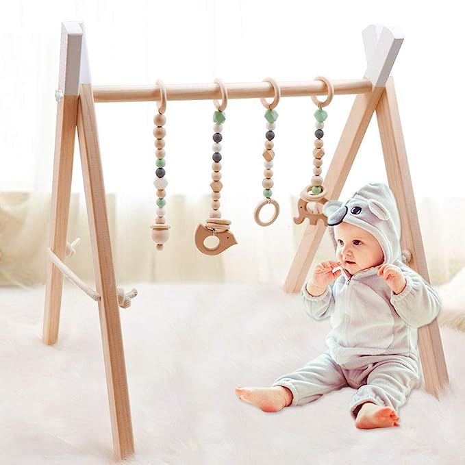 Baby Wood Gym with 4 Wooden Gym Toys Baby Teethers,Stable and Foldable Gym Frame Wood Activity Gy... | Amazon (US)