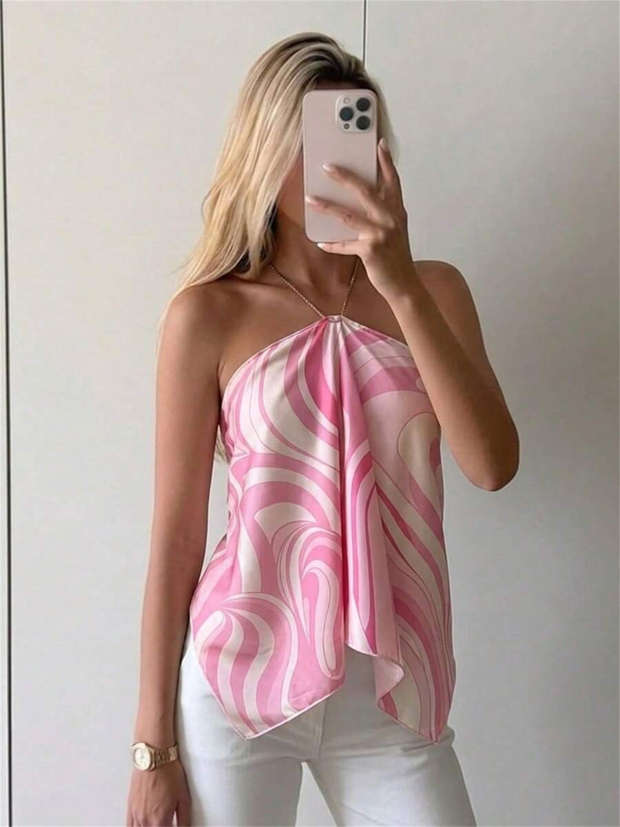 Aloruh Women's Elegant Tie-Dye Chiffon Printed Halter Neck Beach Vacation Top,Summer Top | SHEIN
