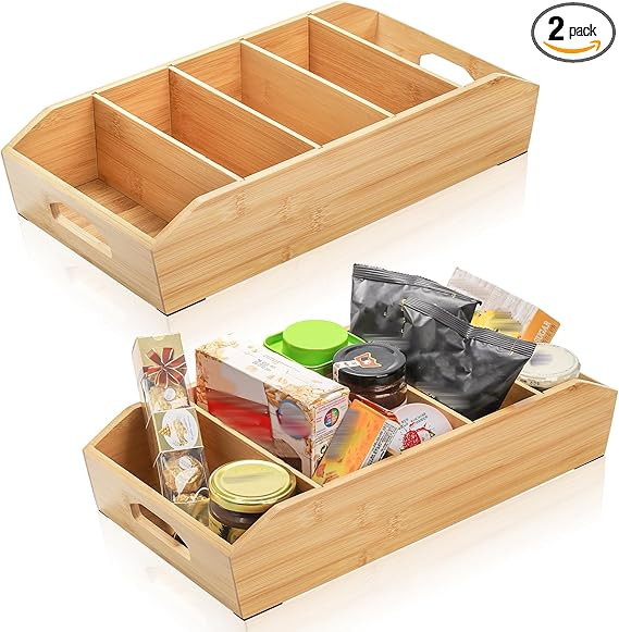 2 Pack Bamboo Pantry Organizers, Storage Bin with Removable Dividers, Divided Snack Oragnizer wit... | Amazon (US)