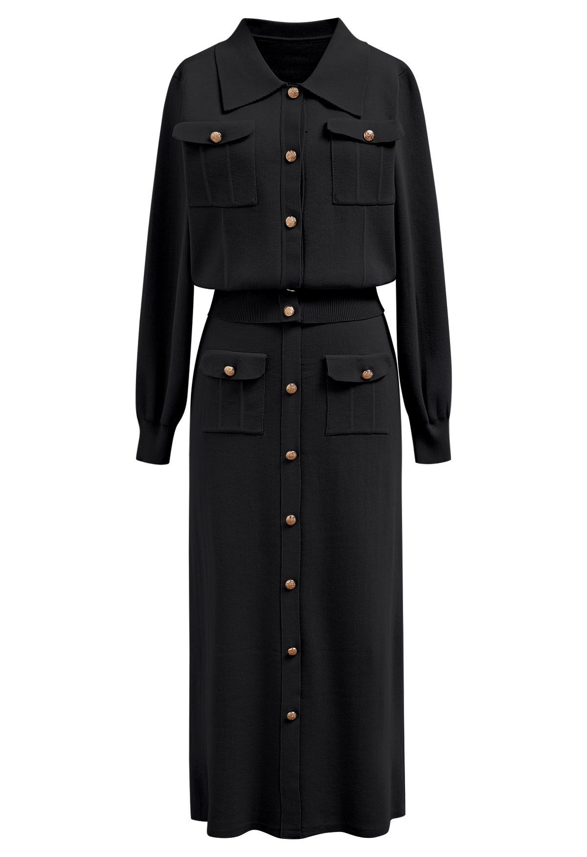 Standout Button Embellished Knit Top and Midi Skirt Set in Black | Chicwish