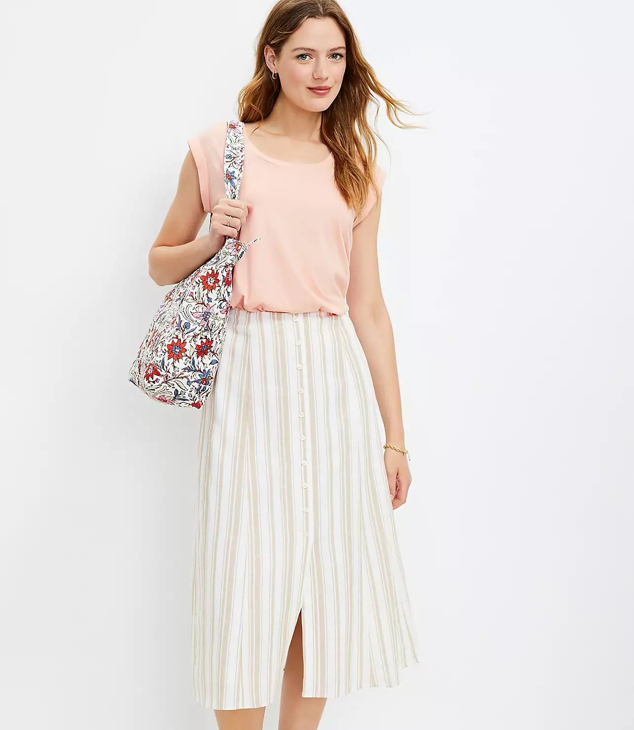 Striped Button Midi Skirt | LOFT