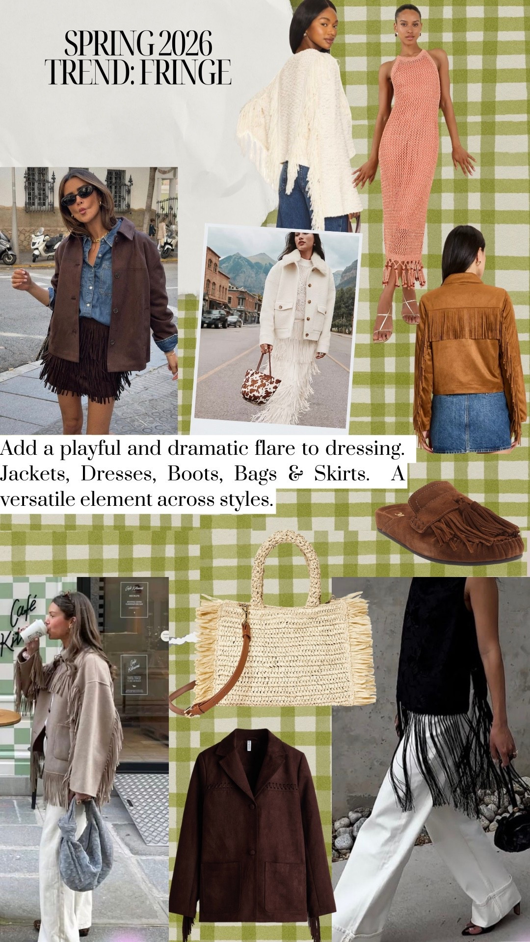 Spring 2026 Trends: 

Jeffrey Campbell Brown Fringe Mules, Target Straw Fringe Crossbody Bag & Faux Suede Western Jacke, Loft Fringe Mini Skirt, H7M Dark Brown Blazer, Lulus Coral Crochet Mini Dress, Tularosa Fringe Sweater

#LTKSeasonal #LTKFestival