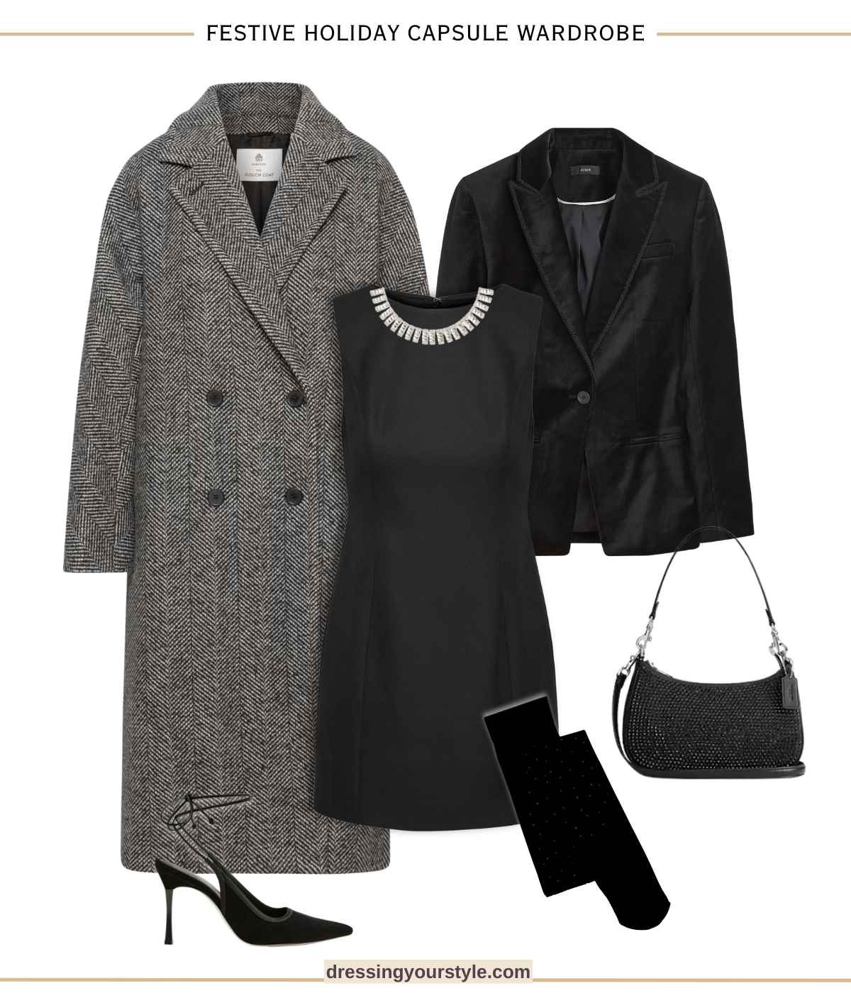 Office or family party outfit! Black festive holiday outfit with little black dress, velvet blazer and herringbone wool coat.  

#LTKParties #LTKSeasonal #LTKHoliday