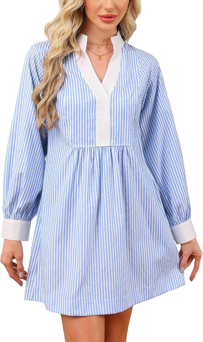 Womens Long Sleeve Babydoll Dress Cotton Striped V Neck Mini Shift Dress Casual Loose Shirt Dress... | Amazon (US)