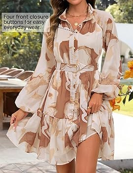 ZESICA Womens Fall Floral Mini Dress 2025 Long Sleeve Button Down Chiffon A Line Flowy Short Shir... | Amazon (US)