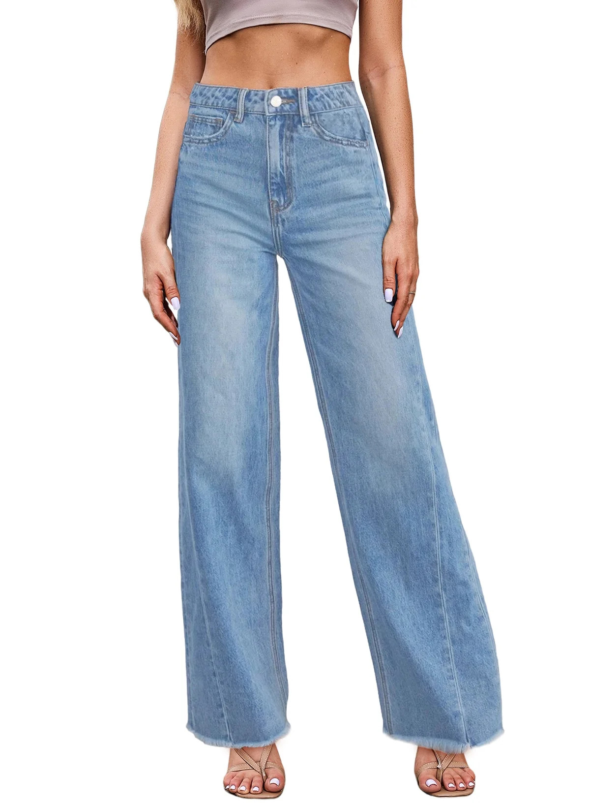 DOKOTOO Women's Wide Leg Jeans Summer Casual High Waisted Strechy Raw Hem Frayed Hem Boyfriend De... | Walmart (US)