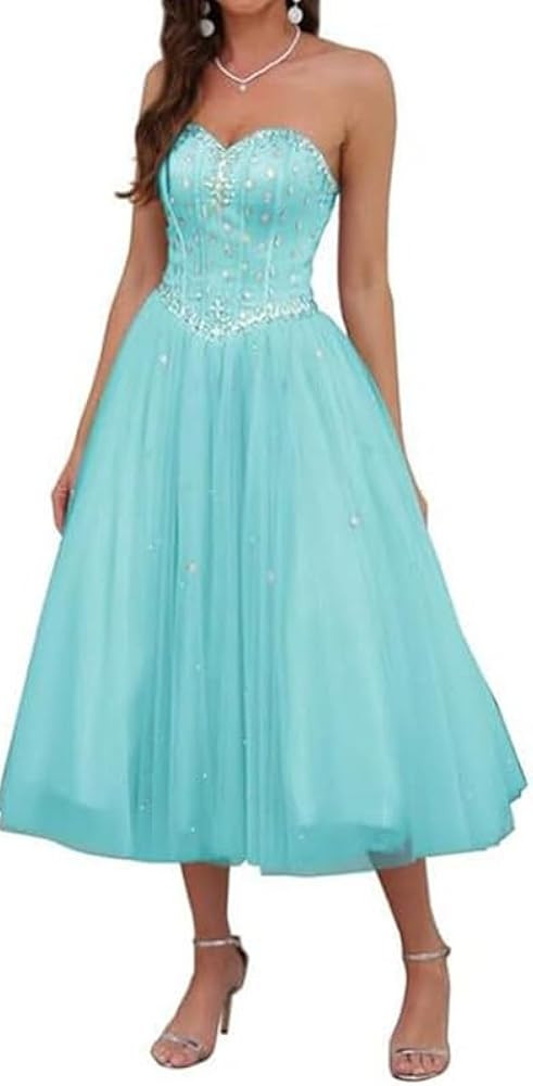 Women's Strapless Tea Length Prom Dress, Tulle Ball Gown with Crystal Beading, Corset Back, Sweet... | Amazon (US)