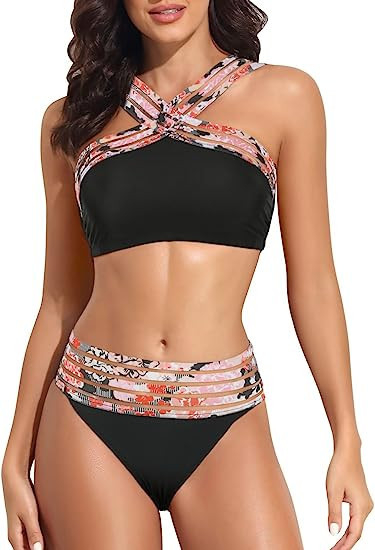 Hilor Women's Two Piece Bathing Suits Front Crossover Swimsuits Sexy Stripe Hollow High Waisted B... | Amazon (US)