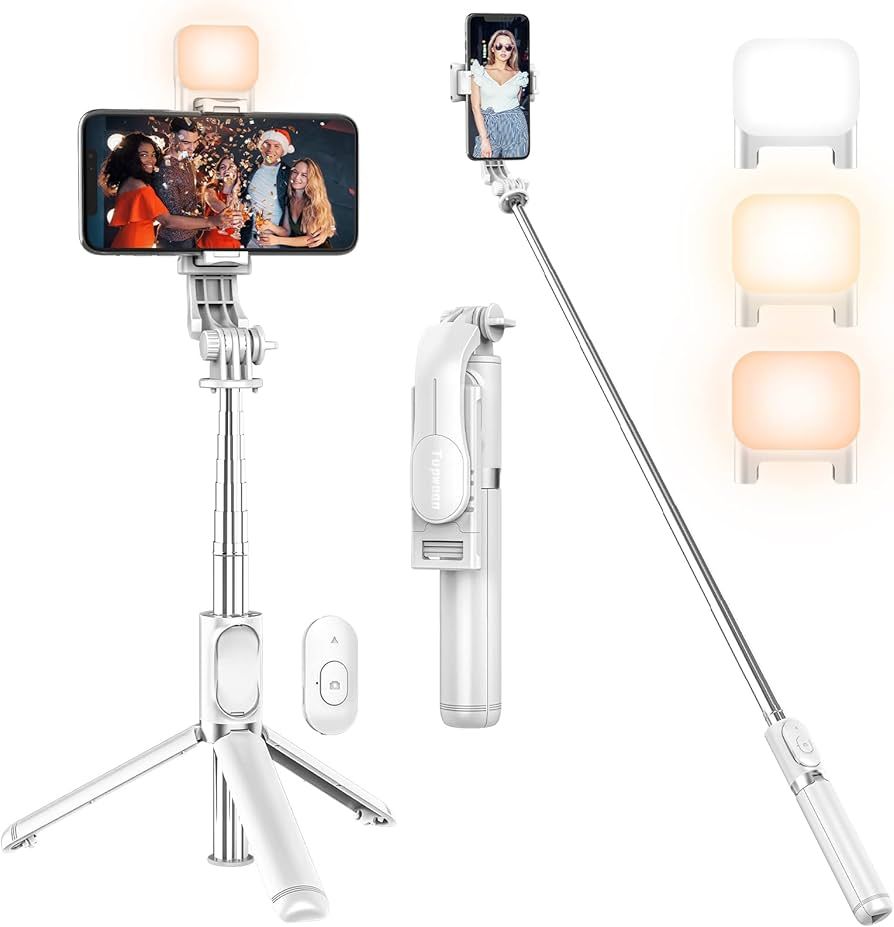 Selfie Stick mit Licht Weiß, Tupwoon 4 in 1 Erweiterbar auf 104cm Selfie-Stange mit Kabelloser F... | Amazon (DE)