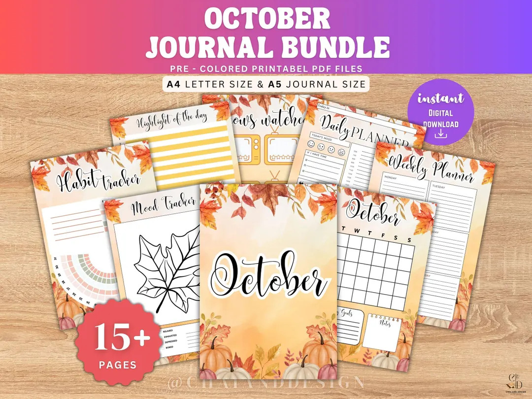 October Journal Bundle, Pumpkin and Fall Leaves Theme PRINTABLE PRE-COLOURED Pages, October Plann... | Etsy (US)