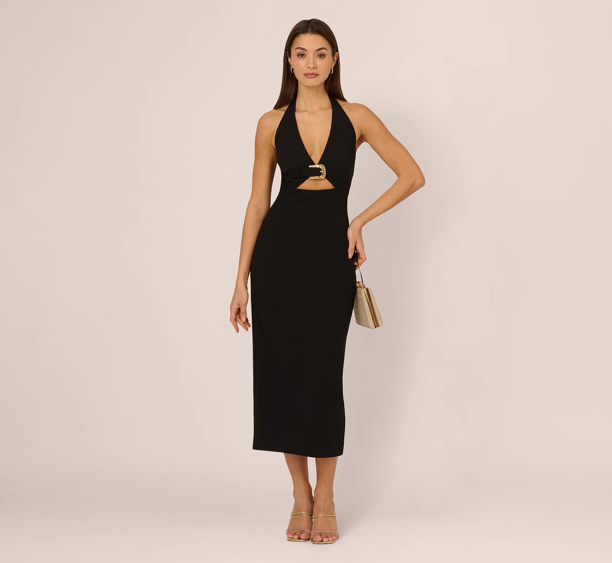 Halter Buckle Detail Midi Dress In Black | Adrianna Papell