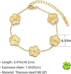 TICVSS Four Leaf Clover Bracelet for Women 18K Gold Plated Stainless Steel Lucky 4 Leaf Gold Link... | Amazon (US)