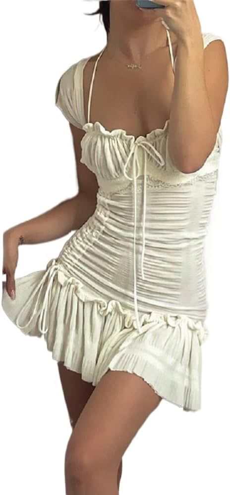 ZZEVOLSS Women Ruffle Ruched Bodycon Mini Dress Tie Front Square Neck Short Dresses Drawstring A ... | Amazon (US)
