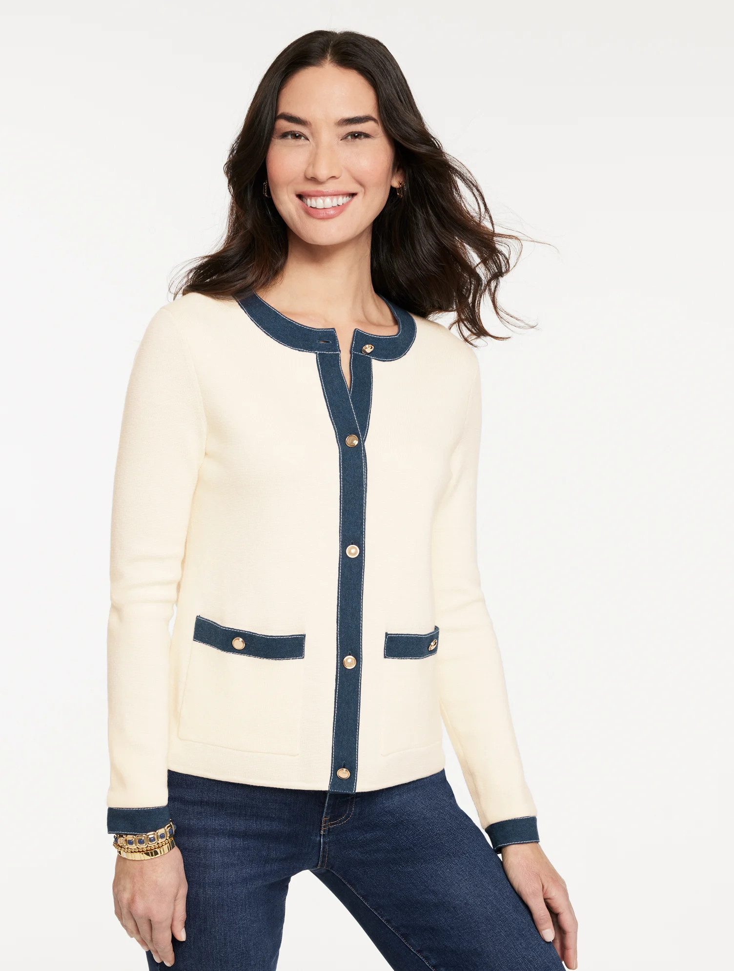 Denim Trim Cardigan Sweater - Ivory - XL Talbots | Talbots