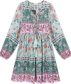 R.Vivimos Womens Long Sleeve Floral Casual Print Cotton Mini Tunic Dress | Amazon (US)