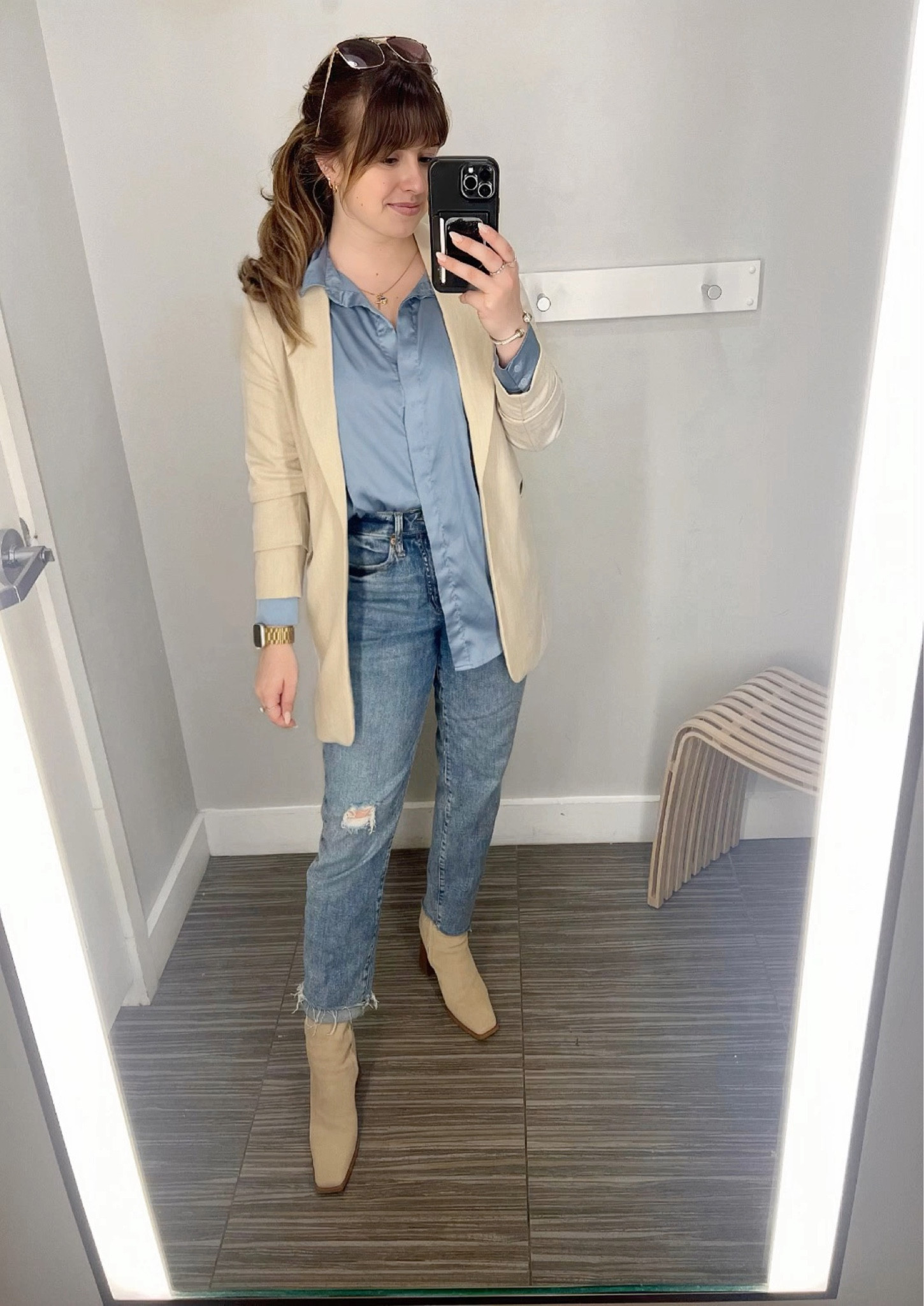 Shirt: small 
Blazer: small 
Jeans: 25 
Shoes: TTS 

#business #businesscasual #corporate #petite #petitechic #businessattire #office #springworkwrar #workwear #amazon 

#LTKshoecrush #LTKstyletip #LTKworkwear