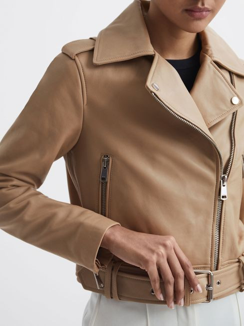 Reiss Neutral Tyler Leather Biker Jacket | Reiss UK