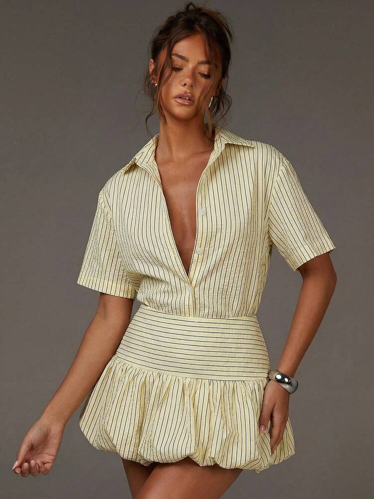Ath\u00eeral Women's  Summer Yellow Striped Mid-Sleeve Top And Floral Shorts Casual Commuter 2 Pi... | SHEIN