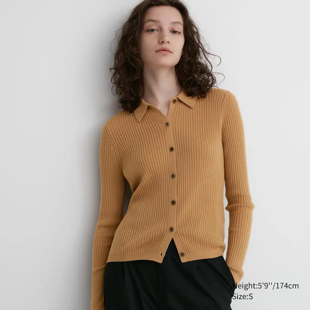 100% Extra Fine Merino Ribbed Polo Cardigan | UNIQLO (UK)