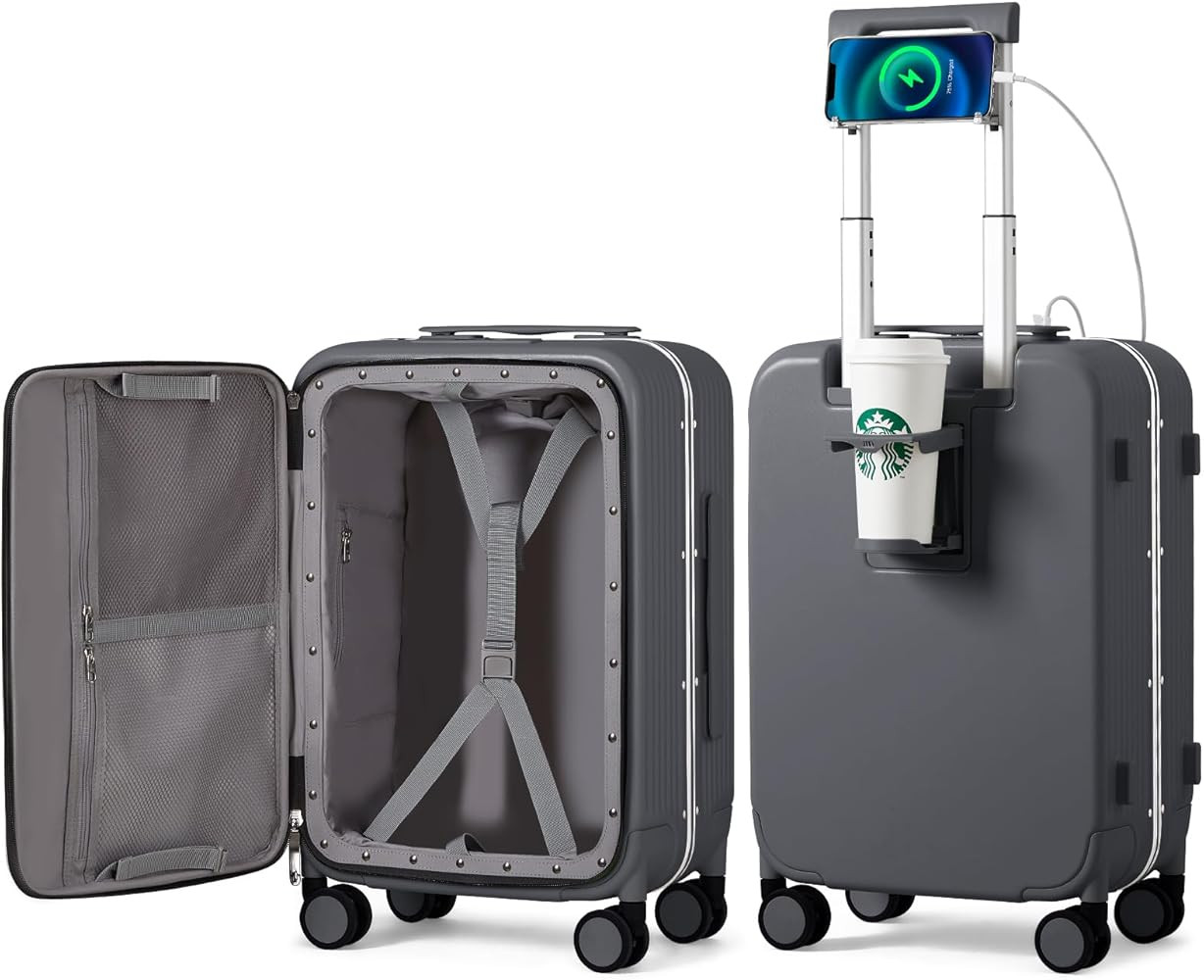 mixi Carry On Luggage with Cup Phone Holder and Charger Hard Shell Suitcases with Spinner Wheels,... | Amazon (US)