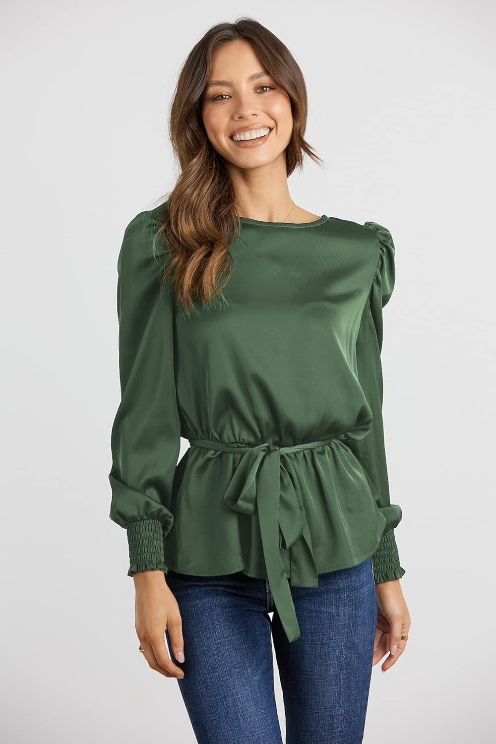 PRETTYGARDEN Women's Fashion Puff Long Sleeve Blouses Satin Tie Waist Peplum Work Blouse Dressy C... | Amazon (US)