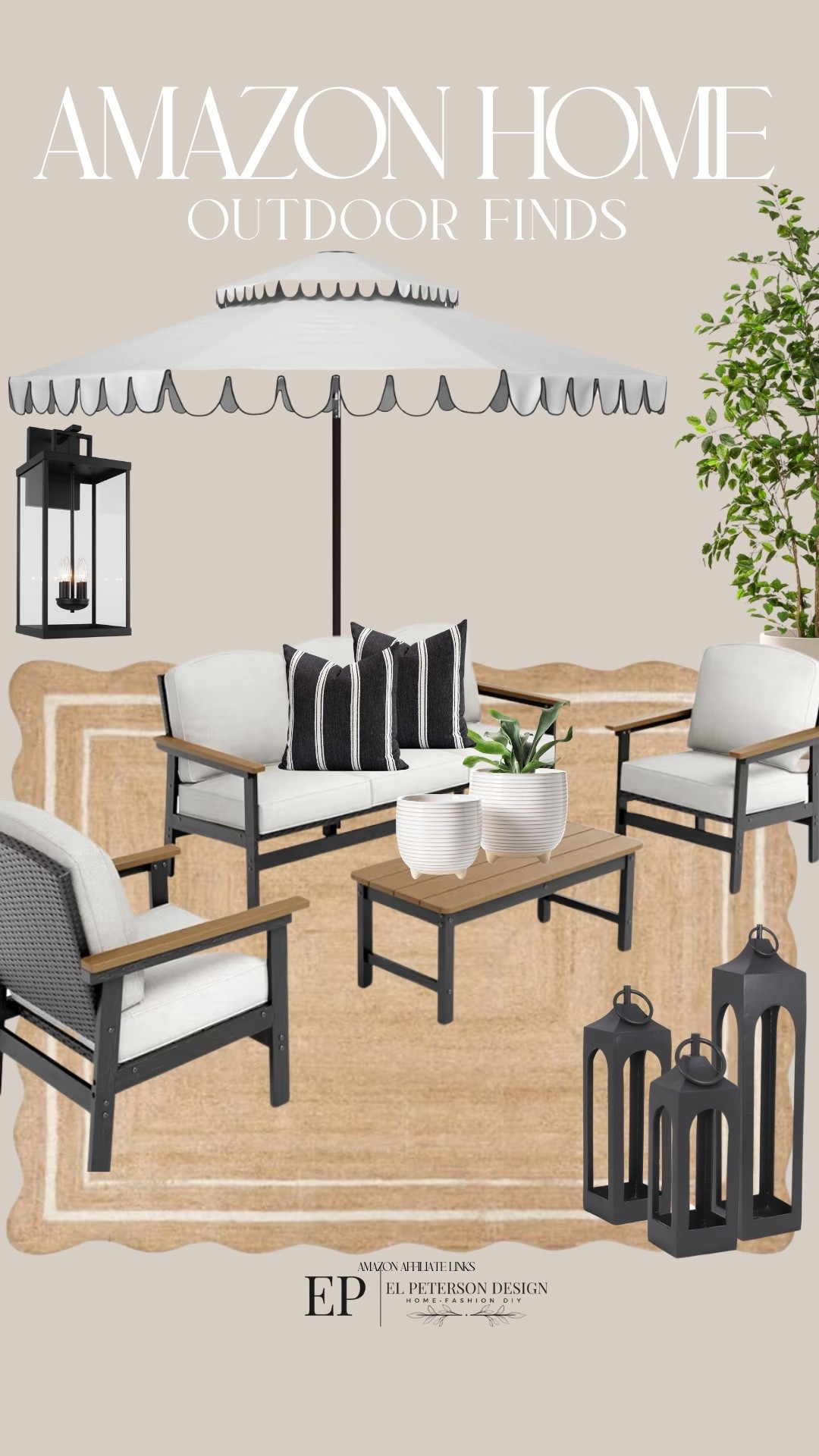 Amazon
Faux tree 
Rug
Floor lantern
Conversational set
Outdoor lantern
Umbrella
Planters 
Pillow 

#LTKHome