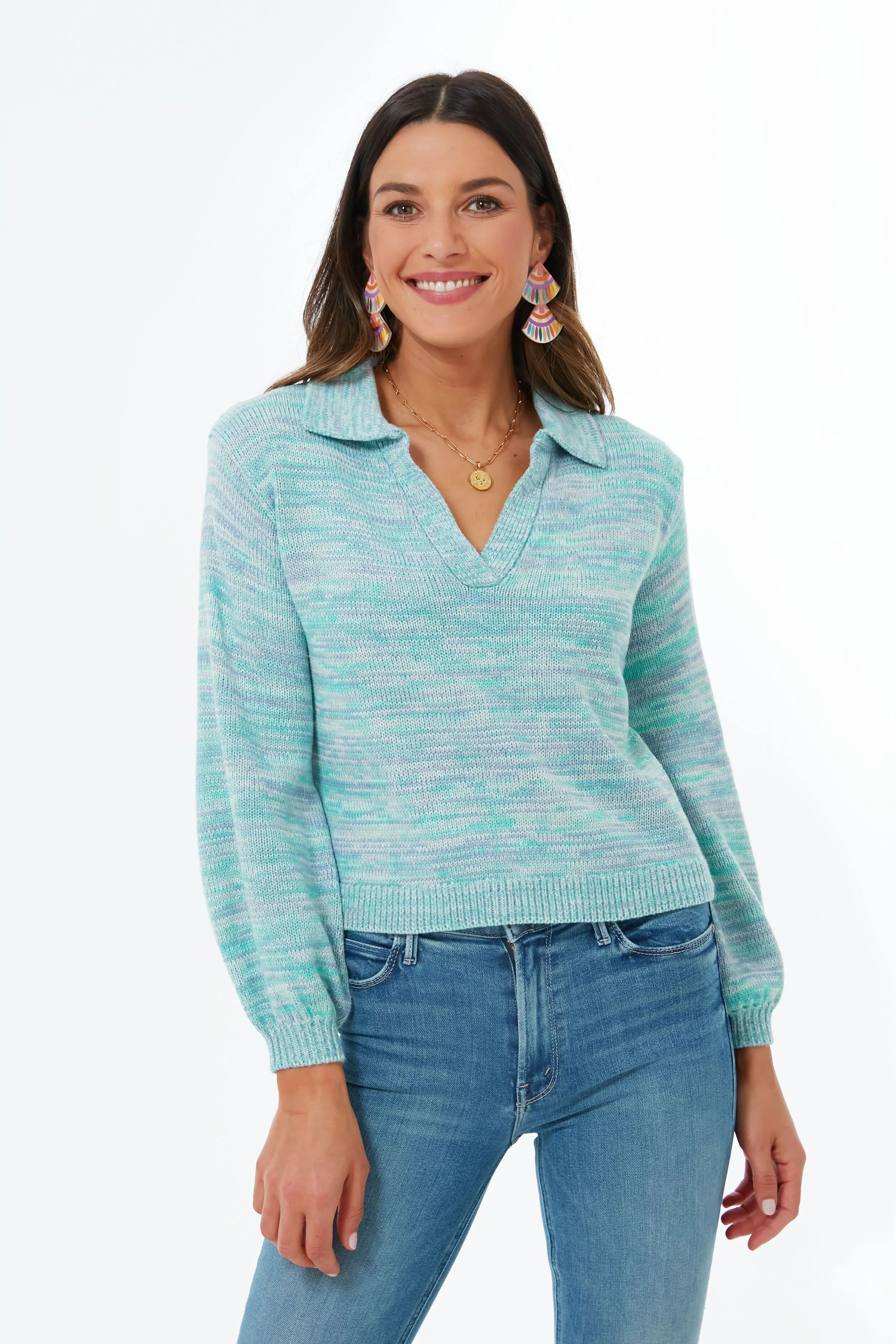 Cyan Multi Lattice Split Neck Collared Pullover | Tuckernuck (US)