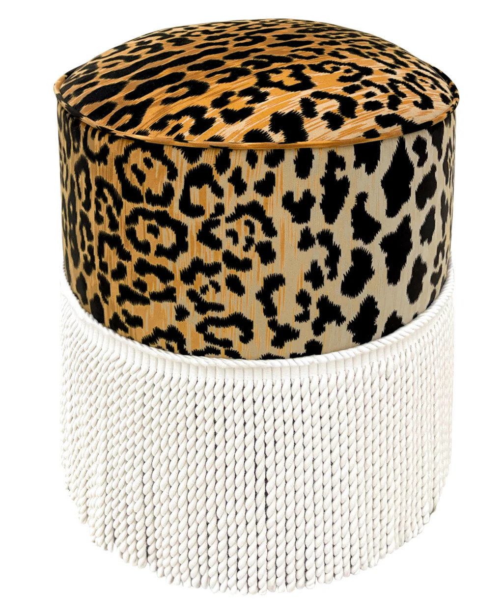 THE TIGHT ROUND OTTOMAN :: LEOPARD VELVET + BULLION FRINGE | LITTLE DESIGN COMPANY