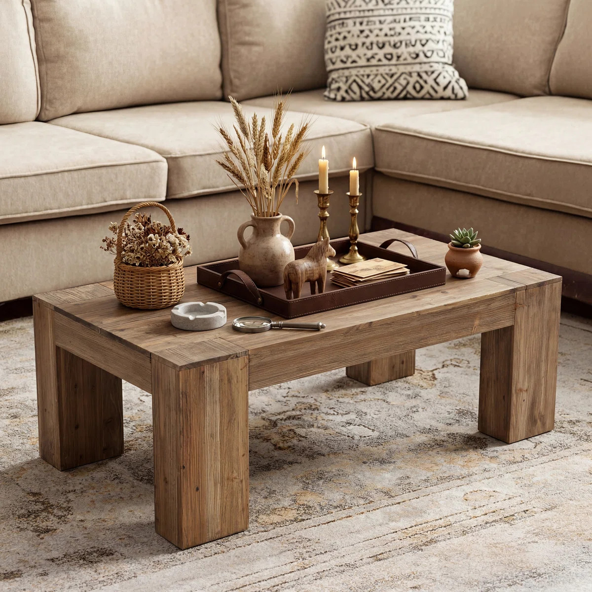 55" Large Solid Wood Coffee Table for Living Room, Farmhouse Center Table with Heavy-Duty Legs | Wayfair North America