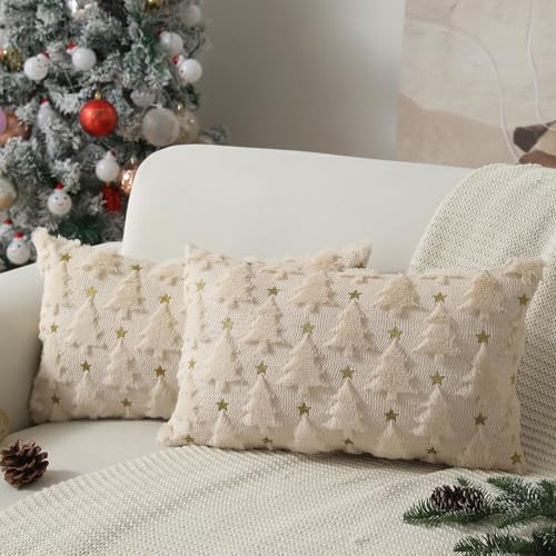 Allorry Christmas Pillow Covers 12 x 20 inch Set of 2 Beige Christmas Tree Pillow Covers Decorations Plush Faux Fur Soft Cushion Case for Winter Xmas Holiday Home Bedroom Sofa Decors PT004-C12 | Amazon (US)