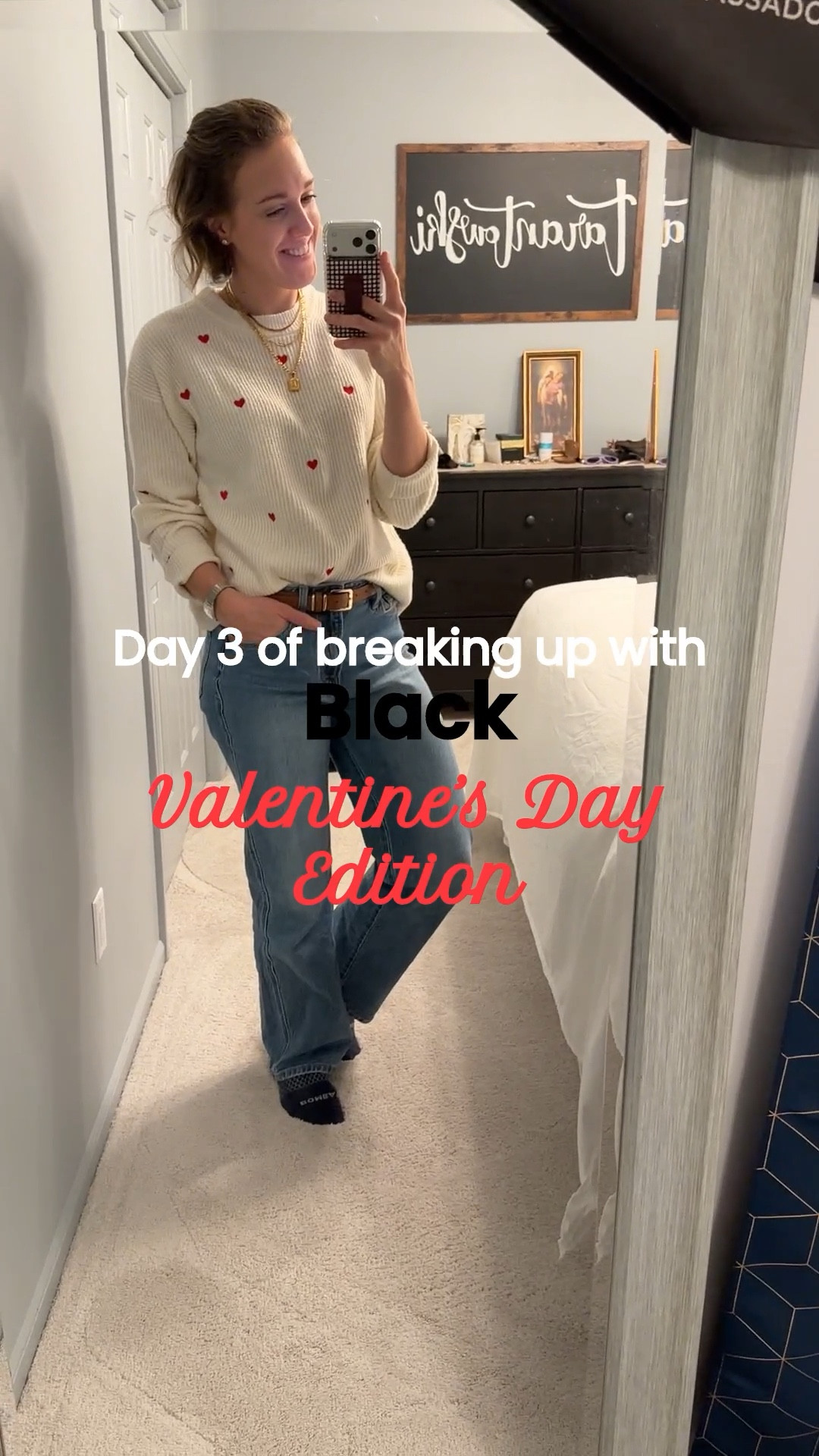Day 3 of breaking up with black: Valentine’s Day Edition.🙅🏼‍♀️

This heart sweater is from 2 years ago and actually had a matching one with my daughter🥹 linking some similar options you! Also these jeans are amazing and come in dark wash as well! Look great cuffed or long. 🎉
♥️Happy Valentines Day!♥️