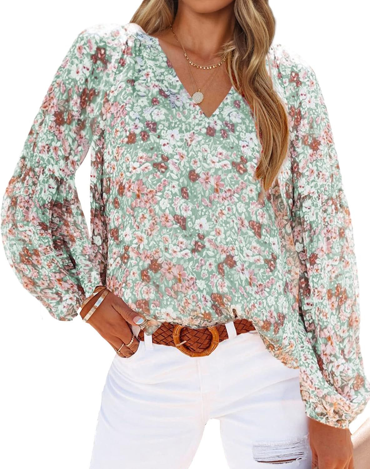 BTFBM Women Casual Boho Floral Blouse Shirts V Neck Long Puff Sleeve Lightweight Chiffon Spring S... | Amazon (US)