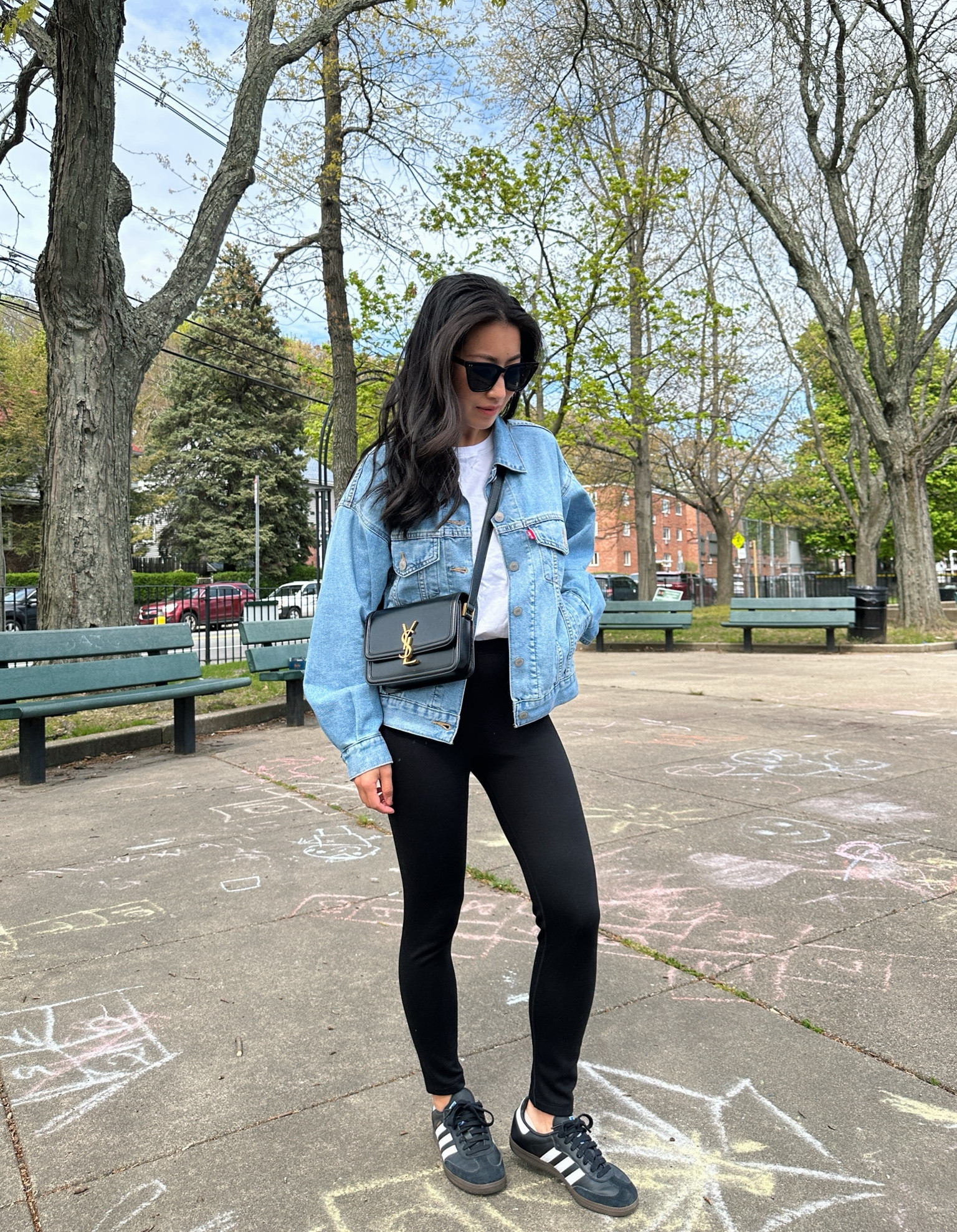 Casual mom friendly leggings outfit 

• Levi’s 90s style trucker denim jacket xxs, I also tried Xs and it’s not a big difference for an oversized fit

Linked a few retailers where this is sold 

• Everlane pocket tee Xs, I size up on these for a relaxed fit. A great basic I have in several colors!

•Abercrombie Xs short leggings 

• Adidas sambas men’s 4 = womens 5/5.5

• YSL Solferino bag 

• $15 Nordstrom sunnies 

#petite casual mom outfits , airport travel 

#LTKfamily #LTKfindsunder100 #LTKtravel