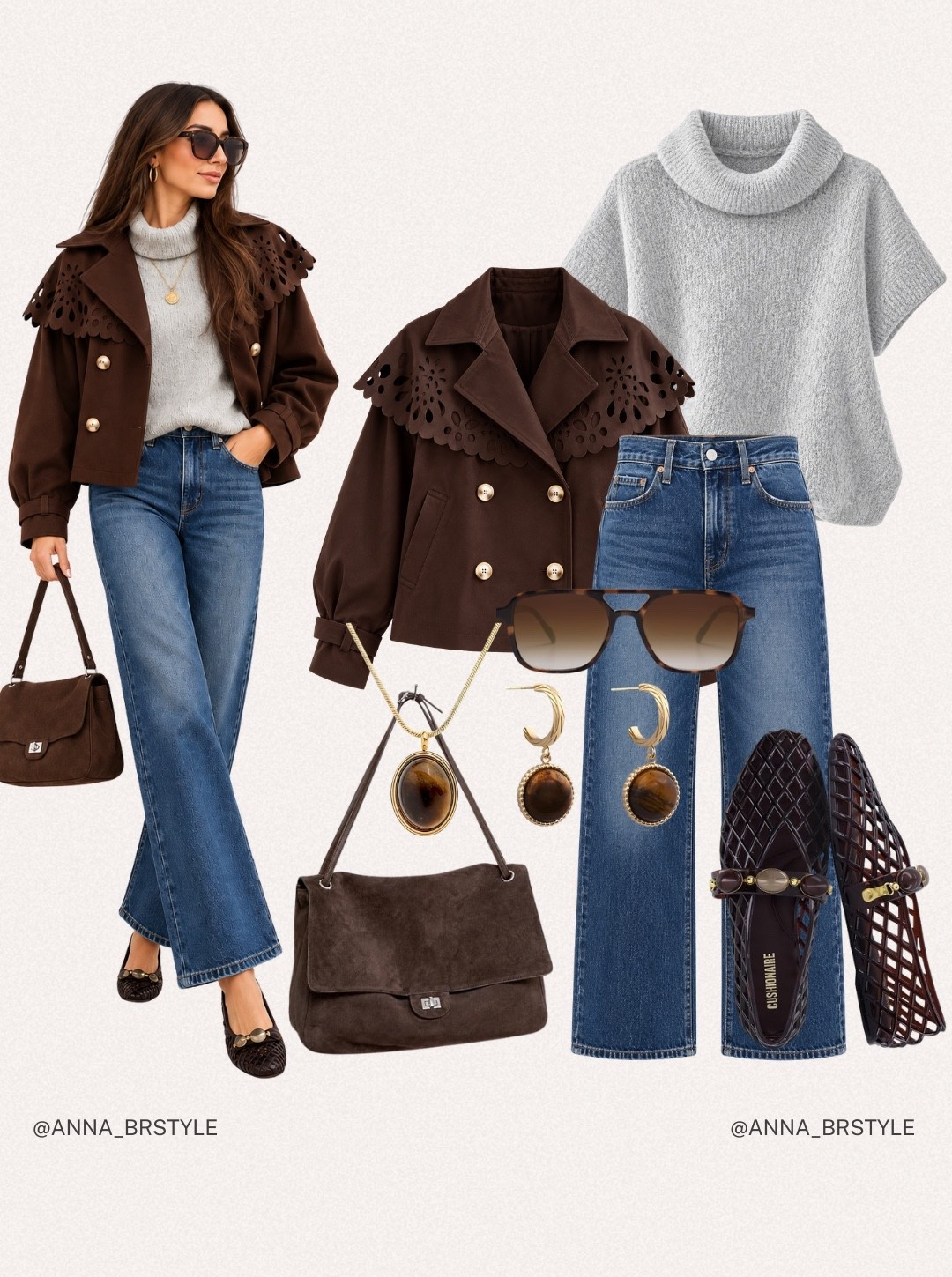 A chic fall outfit featuring a statement brown jacket, cozy gray sweater, wide leg jeans, and stylish accessories. Perfect for effortless everyday fall style!

chic fall outfit, brown statement jacket, casual fall style, wide leg jeans, gray turtleneck sweater, suede shoulder bag, fall outfit ideas, autumn fashion trends, chocolate brown accessories, everyday casual outfit