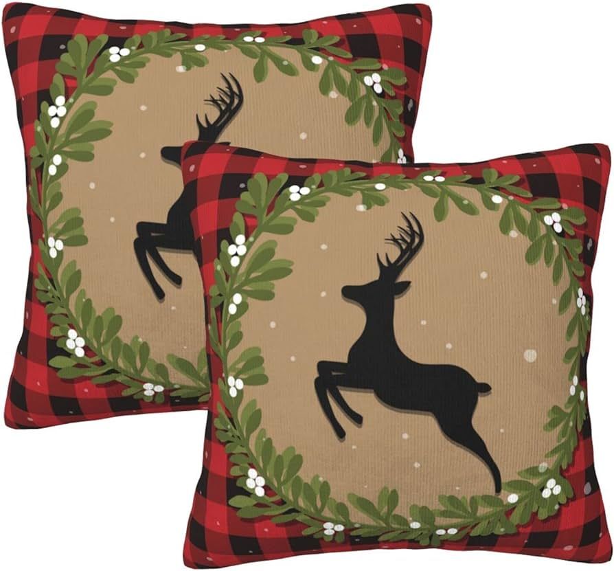 Oplp Moose Elk Reindeer Plaid Background Throw Pillow Covers Set of 2 Pillow Case Christmas Deer ... | Amazon (US)